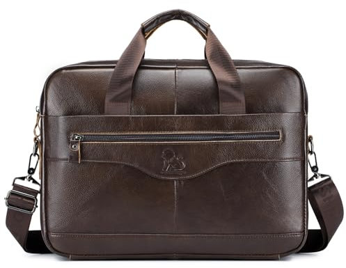 Bolso bandolera de cuero para negocios, maletín, bolso para hombres, lleva toda la protección para computadora portátil, para computadora de 14 pulgadas, bandolera, bolsa para el hombro café