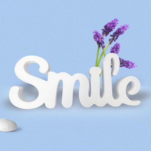 ZDFDC Holzbuchstabe Deko - Smile Wooden Letters Sign Decorative,Holzdeko Zum Hinstellen,Home Deko Weiß 20×10cm