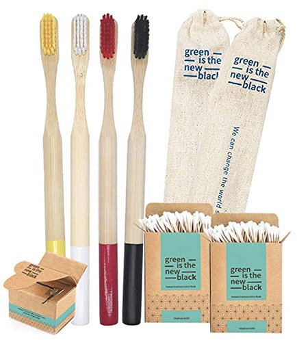 Set de brosses à dents en bambou antimoisissures 100 % naturel – Brosses en bois de bambou organique, écologique et biodégradable – Poils blanchissants sans BPA – Kit de nettoyage des dents tartre,