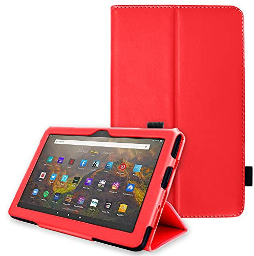 TECHGEAR Funda de Cuero Diseñado para Amazon Fire HD 10 (10,1) / HD 10 Plus (11ª generación, Modelo del 2021) - Carcasa Cuero PU Protectora Soporte y Correa de Mano [Rojo]