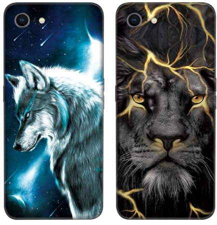 DiaryTown 2 Pack Hülle für iPhone SE 2022 5G / iPhone 8 Liquid Silikon Handyhülle mit Motiv Schutzhülle Ultra Dünn TPU Bumper Schwarz Case für Cover iPhone SE 2020 / iPhone 7 - Wolf & Goldener Löwe