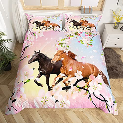 Cheval Housse de Couette Filles Farmhorse Floral Parure de Lit 220x240cm pour Chambre Fleur de Cerisier Chevaux au Galop Décor Ensembles de Housse de Couette Rose Glitter Animal Sauvage 3Pcs