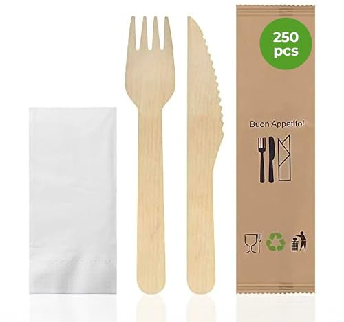 Bioexxe Set Posate Usa e Getta Imbustate - Posate Monouso in Legno, Biodegradabili - no plastica - con Salvietta e Forchette Usa e Getta (Pacco 250 kit)