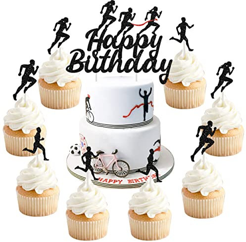 Marathon Happy Birthday Cake Topper, Cross Country Running Themed Birthday Decorations for Men with Runners Cupcake Toppers Black