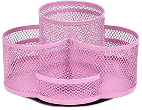 Kaizuca Girevole 360° Organizer Matite, Multifunzionale Portapenne, Portapenne Ufficio, Griglia Metallica, con 7 Scomparti, Tappetino Antiscivolo, per Riporre Oggetti in Ufficio, Toeletta(Rosa)