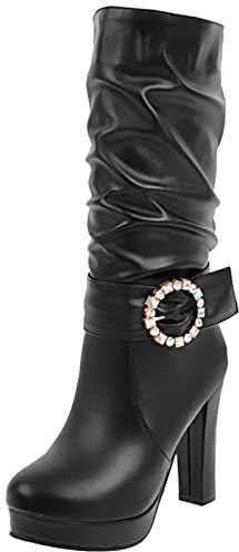 Stivali da Donna a Metà Polpaccio con Tacco Alto, Stivali da Festa Tacco a Blocco Senza Chiusura Punta Rotonda Boots Eleganti con Plateau, 22174Bth Nero Numero 33 EU