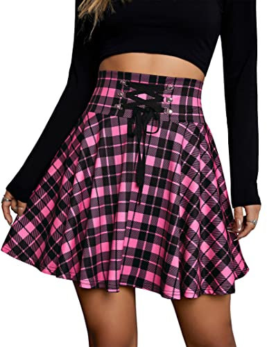 KOJOOIN Damen Rock Kariert Mini-Faltenrock Gothic Kleid Hohe Taille Cosplay Kleid A-Linie zum Schnüren Rosa L