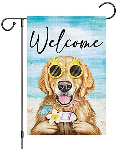 Louise Maelys Welcome Summer Dog Gartenflaggen, 30,5 x 45,7 cm, doppelseitig, Jute, Sommer, Strand, Golden Retriever, Garten, Hof, Haus, Flagge, Banner, vertikal für draußen, saisonale