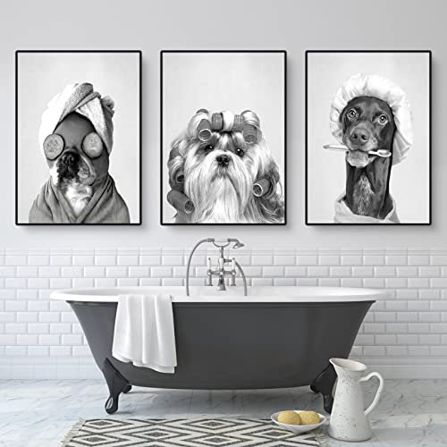 Martin Kench 3er Schwarz-Weiß Bilder Set, Moderne Tier Poster Set, Lustige Hunde Wandbilder Wohnzimmer Bad Wanddekoration, Ohne Rahmen (A,40x50cm)
