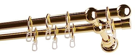 Garesa Gardinenstange Andrea Ø 20mm, 2-läufig, Messing I Stabile Vorhangstange inkl. Ringe + Faltenlegehaken I Mit Endknopf Kugel kurz I 340cm