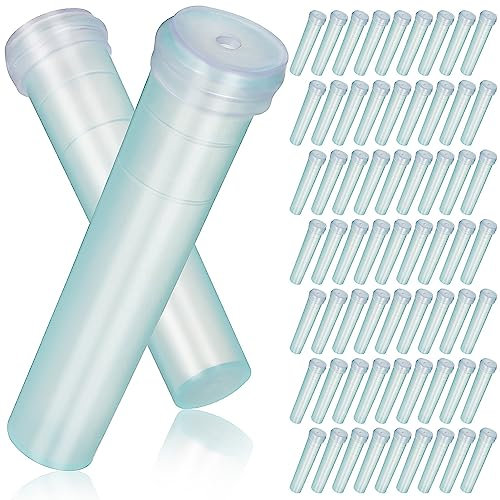 VILLCASE Blumen Wasserröhrchen, 100 Stück 7cm Blumenröhrchen Kunststoff mit Kappen, Blau Durchscheinend Blumen Reagenzgläser für Partys Hochzeiten Blumenarrangements