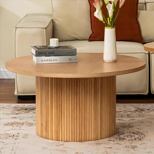 SHYFOY Rund Couchtisch Massivholz 90cm, Hochwertiger Wohnzimmertisch aus MDF & Massivholzleisten, Robuster Sofatisch in Holzoptik für den Alltag