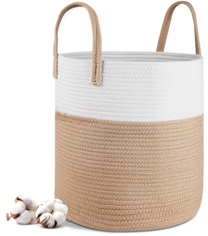 Lannvan Panier a Linge - 40 x 35 cm Paniers de Rangement Pliables - Panier à Linge en Corde de Coton avec Poignées - Panier de Rangement pour Jouets - Pour le salon, la salle de bain,Jaune