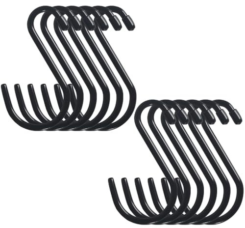 Cozihom 15.2cm Heavy Duty Vinyl Coated S Hooks, Black Rubber Coated S Hooks, Extra Thick Non Slip Metal S Hanger for Closet, Garden, Garage, Kitchen Hanging, Black, Pack of 12