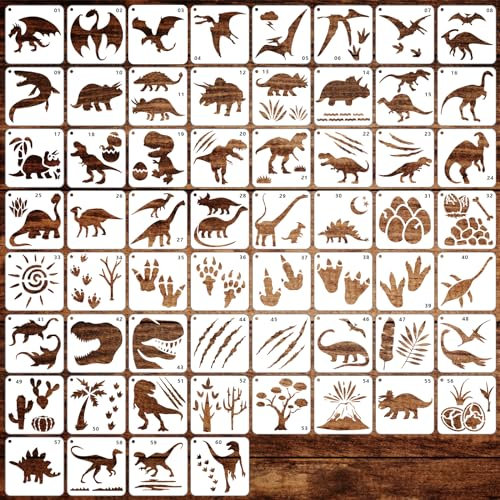 SRIZIAN 60 Stück Schablonen Set, Dinosaurier Zeichnung Malschablonen DIY Schablonen, Wiederverwendbar Kunststoff Schablonen für Malerei auf Holz, Möbel Wand Home Decor Scrapbooking (7.6×7.6cm)