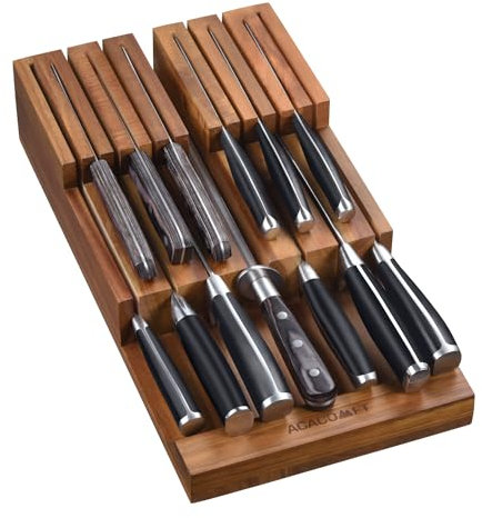 Acacomft In-Drawer Messerblock, Akazien Holz Küche Messer Drawer Organizer, Messer Halter ohne Messer für bis zu 12 Messer Steak Messer Chef Messer