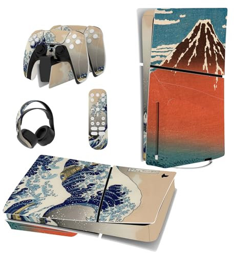 playvital Autocollant Protection pour ps5 Slim Standard Console, Sticker Skin pour ps5 Manette & Télécommande & Casque & Station de Charge,Disc Edition-Grande Vague