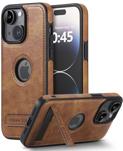 BinBoom Leather Case for iPhone 13/14 Case, Thin Flexible Soft Grip Luxury Cover, Protective Slim with Kickstand Shockproof Phone Cases Compatible with iPhone 13/14, Brown