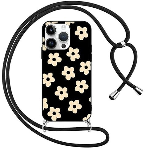 Foonary Coque pour Apple iPhone 13 Pro Max avec Cordon de Collier, Aesthetic Fleur Motif Étui Housse Réglable Lanyard Corde, Souple Silicone TPU Antichoc Case pour iPhone 13 Pro Max 6,7, Floral 2
