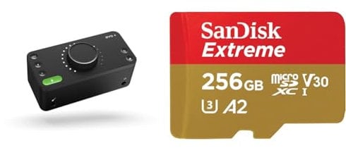 Audient EVO 4 USB Audio Interface sound card for music production, 2 in / 2 out USB audio-interface & SanDisk 256GB Extreme microSDXC card + SD adapter + RescuePRO Deluxe, up to 190MB/s