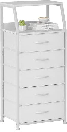 CAIYUN Chest of Drawers Bedroom with 5 Drawers, Tall Fabric Dresser with Shelf, Fabric Dresser for Entryway Hallway Living Room, Closet Storage Drawer, White
