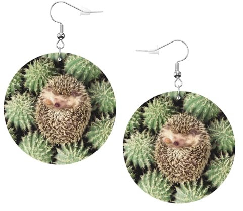 OPSREY Igel Kaktus gedruckt Damen Leder Ohrringe Runde Ohrringe Leichte baumelnde Ohrringe, Einheitsgröße, Kunstleder