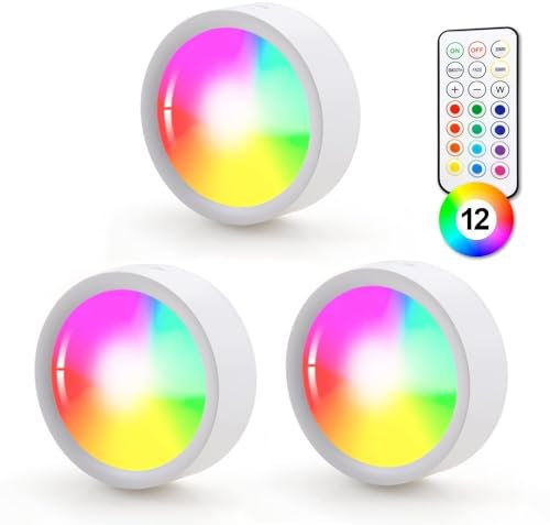 Under Counter Lights with Remote, 13 Colours Puck Lights - Stick On, Timer 30/60Mins, Battery Operated, Wireless Dimming Function for Cabinet & Bedroom Ambient Lighting - 3 Pack
