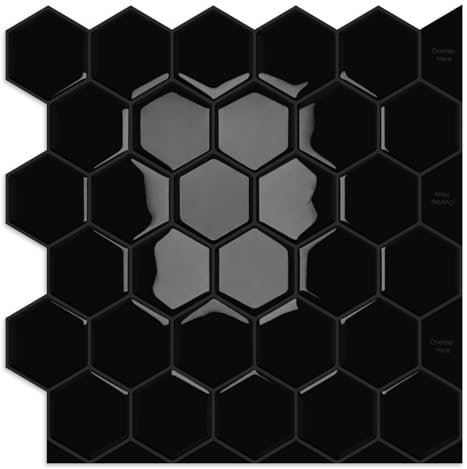 Lot de 10 feuilles de carrelage mural autocollant hexagonal noir pour cuisine, salle de bains, cheminée, camping-car - 30,5 x 30,5 cm