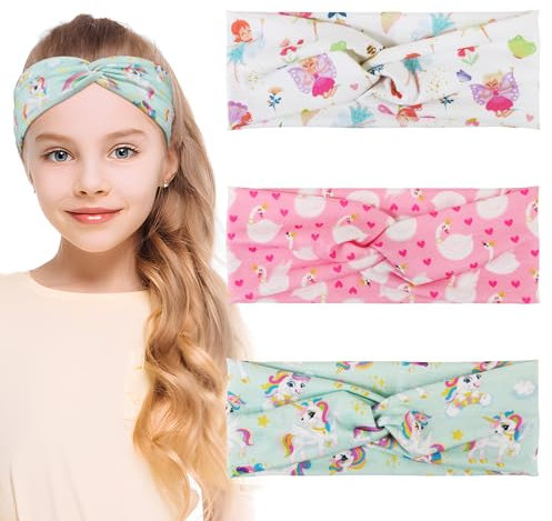 BETESSIN 3Stk. Stirnband Mädchen Kinder Einhörner Feen Haarband Elastisches Kopfband Breite Haarreif Haarschmuck Kopfschmuck für Schule Sport Freizeit in 3 Stilen