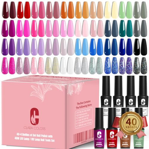 Clara Colors Vernis à ongles en gel, 40 couleurs violet, vert, rose, noir, vernis à ongles UV et base - Couche supérieure - Pour femme