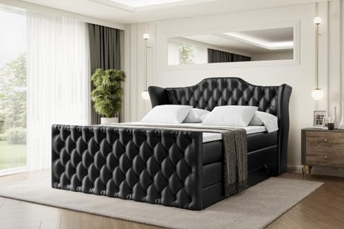 ALTDECOR Boxspringbett mit Matratze und Lattenrost, Topper, Fußteil,Polsterbett mit Bettkasten, Bett mit Stauraum H3- und H4- Matratze, Doppelbett - Vila-Z KING-180x200 - Schwarz Kustleder