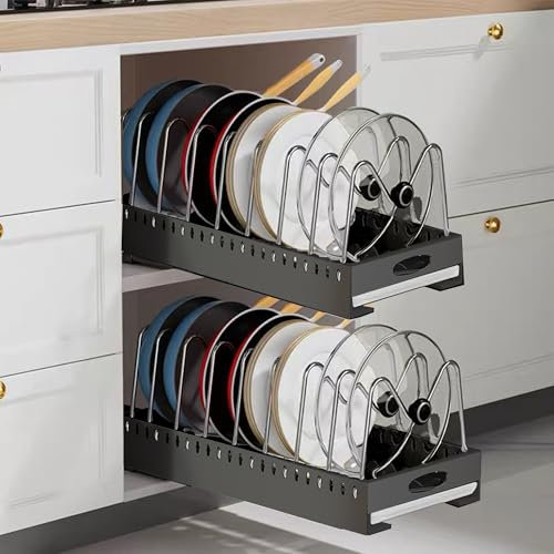 bealy 2 pack Pull out Pan Organizers inside Cabinet for Kitchen Cabinet Organizers and Storage with 7 Adjustable Dividers,Slide Out Pot Lid, Bakeware and Pan Organizer