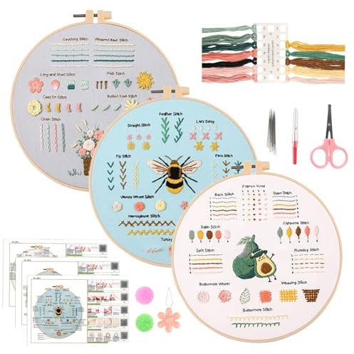 GOTDYBST Stickset Für Anfänger, Sticken Set Erwachsene, Zum Erlernen Von 28 Verschiedenen Stichen, Kreuzstich Set - Enthält Kattun, Faden, Nadel, Stickrahmen Und Video-Tutorial