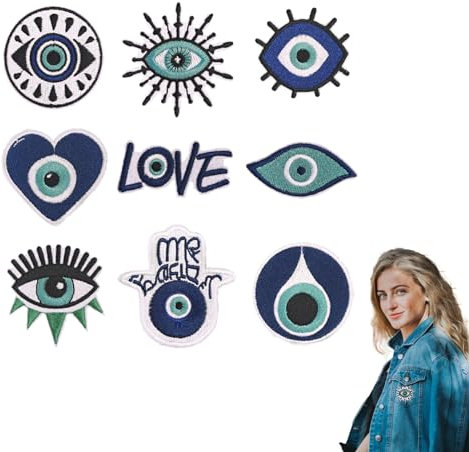 NICENEEDED 9 Pcs Evil Eye Embroidered Iron On Patch, Blue Devil's Eye Embroidery Patches, Polyester Applique Patches for Sewing DIY Craft Clothing Jacket Jeans Backpack Hat Decoration