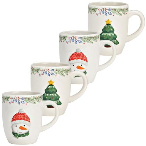 Weihnachtstassen 4er Set aus Keramik mit Tannenbaum und Schneemann Motiv - 300 ml Kaffeebecher für Weihnachten Ø 8 x 10 cm cm - Bunte Tassen ideal für Kaffee, Tee oder Glühwein Spülmaschinengeeignet
