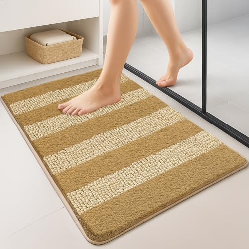 VOUNOT 2er-Set Chenille Badematte rutschfeste, Mikrofaser Saugfähig Badezimmerteppich, Flauschig & schnelltrocknend Maschinenwaschbar Badteppich, Super Weich Fußmatte Duschvorleger 60x90cm Beige