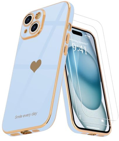 Teageo Coque Compatible avec iPhone 15 + 2 Films de Protection d'écran, Coque pour Fille, Coque de Protection d'appareil Photo galvanisée pour iPhone 15, Bleu Clair