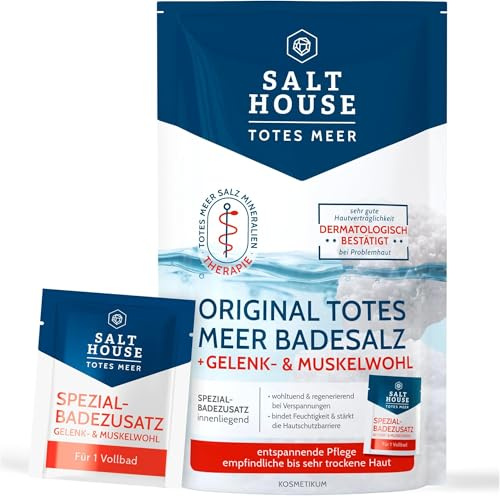 Salthouse Totes Meer Therapie Badesalz, Gelenk- & Muskelwohl, wohltuend bei Verspannungen, mit Spezialbadezusatz, 400g + 20ml (Packung mit 5)