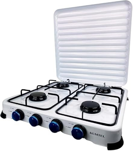 Fornello a Gas 4 fuochi Fornellino da Campeggio con Manopole Indipendenti 48 x 48 x 8H cm con Coperchio Piano Cottura Da Esterno Giardino 4 Bruciatori Rimovibili Bianco