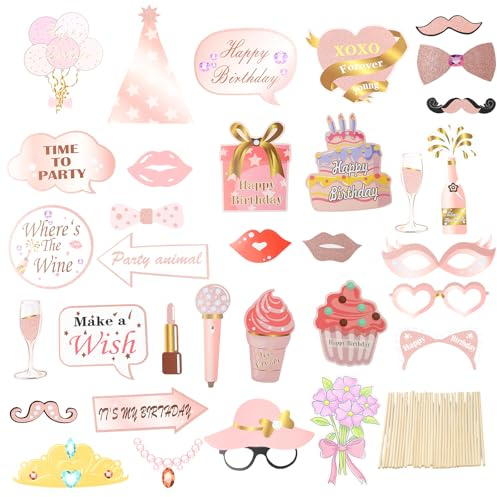 33 Stück Fotobox Accessoires Roségold Lustige Foto Requisiten für Geburtstag Party Vintage Glitzer Fotorequisiten Fotobox Dekoration Foto Booth Zubehör für Kinder Mädchen Erwachsene