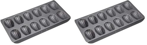 Master Class Plaque À Madeleine Avec Antiadhésif PFOA, Acier Au Carbone Robuste De 1 mm, Moule À Gâteau À 12 Trous, 40 X 20 cm, Gris (Lot de 2)
