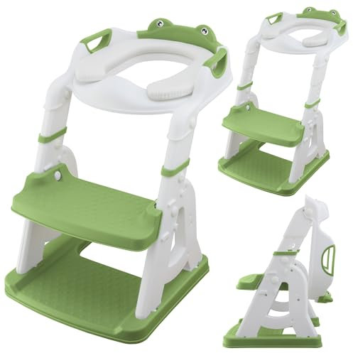 ALMAR Baby WC-Leiter Frosch, grün und weiß, Kinder-Toilettensitz, mit Trittleiter, rutschfest, verstellbar und faltbar, für Kinder von 1 bis 7 Jahren