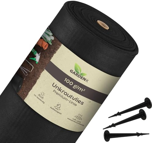 GARDENIX 50m² Unkrautvlies mit 100 Erdankern 1m x 50m - Wasserdurchlässig 100g/m² - Schwarz UV-beständig Folie Vlies Hochbeet, Unkrautschutzfolie, Gartenflies, Beetfolie Pflanzfolie