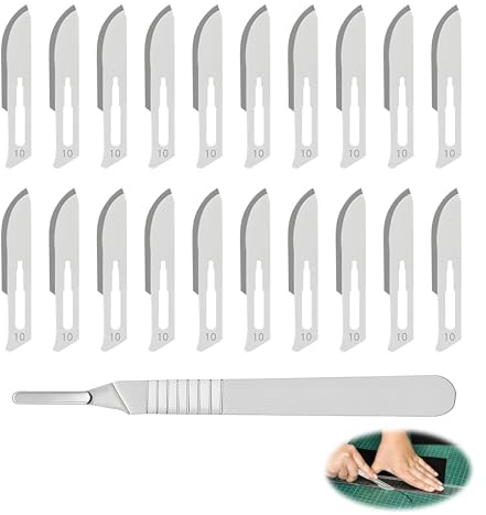 20 Stück Skalpellklingen Nr.10 mit Skalpellhalter Edelstahl Nr.3 steril | Einweg-Klingen Karbonstahl, extrem scharfe Schneide, ideal für Pediküre Handwerk Modellierung, sicher verpackt