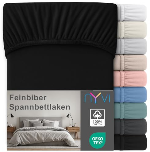 NYVI Feinbiber Spannbettlaken Deluxe für Matratzen bis 25 cm Steghöhe - Extra Warm & Weich, 100% Baumwolle, Bügelfrei, Vorgekrumpft - 200x200 cm Schwarz