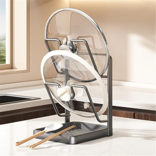 NiuLumea Support de couvercle de casserole et repose-cuillère, organiseur de couvercle de casserole 2 en 1 avec porte-chiffon, accessoire de comptoir de cuisine robuste en polypropylène et acier au