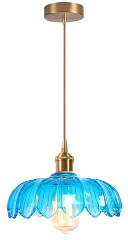 DLGLOLIN Suspension Luminaire Fleurs Créatif Bleu Vintage Lustre en Abat-jour en Verre E27 Lampe Suspendues Déco Plafonnier pour Cuisine Salle à Manger Chambre