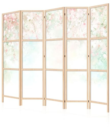LUMASOUL Paravent Intérieur à Simple Face - 5 Panneaux - Separateur de Pieces de Style Japonais - Cloison de Separation pour Chambre à Coucher et Salon - Motif Fleurs - 225x172 cm
