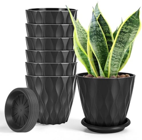 Lot de 6 Pots de Plantes 12cm, avec Trous de Drainage et Soucoupe, Noirs | Pots pour Plantes avec Trous de Drainage et Soucoupe pour Intérieur et Jardins de Balcon
