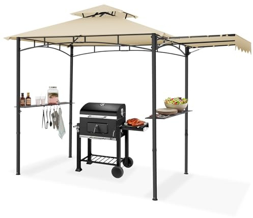 tectake® Grillpavillon 316 x 150 x 250 cm, wetterfest, klappbare Seitenmarkise, Gitterablagen, Doppeldach, Grillüberdachung, Gartenpavillon, Grillzelt, Gartenlaube, Grillpavillon Überdachung - Sand